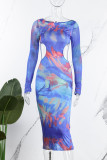 Blue Sexy Print Hollowed Out Patchwork See-through Backless O Neck Pencil Skirt Dresses
