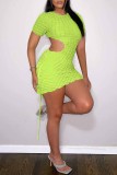 Fluorescent Green Casual Solid Hollowed Out O Neck Short Sleeve Dress