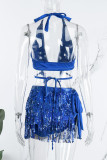Blue Sexy Solid Tassel Sequins Patchwork 3 Piece Sets