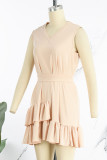 Watermelon Red Casual Sweet Solid Patchwork Flounce With Belt Asymmetrical V Neck A Line Dresses