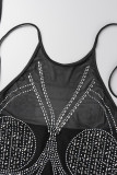 Black Sexy Patchwork Hot Drilling Bandage Backless Halter Sleeveless Dress Dresses