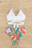 White Sexy Print Bandage Backless Swimwears (With Paddings)