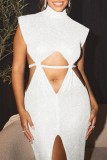 White Sexy Solid Hollowed Out Slit Turtleneck Long Dress Dresses