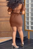 Rose Red Casual Solid Backless Cross Straps Off the Shoulder Short Sleeve Dress Dresses