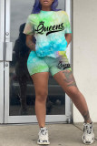 Pink Casual Letter Print Tie-dye O Neck Short Sleeve Two Pieces