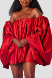 Red Sexy Solid Patchwork Off the Shoulder Lantern Skirt Dresses(Subject to the Actual Object)