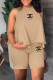 Khaki Casual Print Letter O Neck Sleeveless Two Pieces