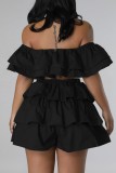 Black Sexy Casual Solid Patchwork Backless Off the Shoulder Short Sleeve Two Pieces