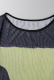 Green Sexy Print Patchwork See-through O Neck Pencil Skirt Dresses