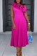 Rose Red Casual Solid Patchwork Oblique Collar Pleated Dresses