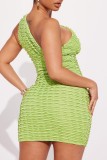 Light Green Sexy Solid Hollowed Out Oblique Collar Sleeveless Dress Dresses