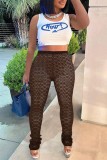 Deep Coffee Casual Striped Patchwork Skinny High Waist Conventional Patchwork Trousers