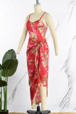 Red Sexy Print Patchwork Asymmetrical Spaghetti Strap Sleeveless Two Pieces