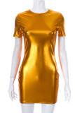 Gold Sexy Solid Patchwork O Neck Pencil Skirt Dresses