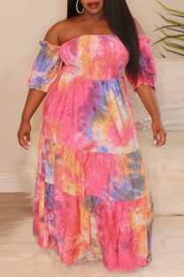 Colour Sexy Casual Print Tie Dye Backless Off the Shoulder Long Dress Plus Size Dresses