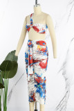 White Sexy Print Backless Fold Strapless Sleeveless Two Pieces