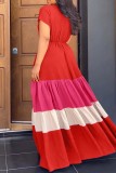 Red Casual Patchwork Contrast V Neck Short Sleeve Dress Dresses