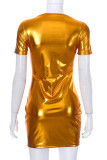 Gold Sexy Solid Patchwork O Neck Pencil Skirt Dresses