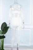 White Sexy Solid Patchwork See-through O Neck Long Sleeve Two Pieces