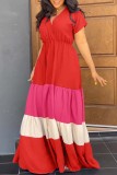 Red Casual Patchwork Contrast V Neck Short Sleeve Dress Dresses