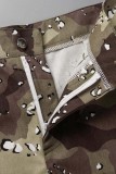 Army Green Casual Camouflage Print Tassel Patchwork Mid Waist Regular Denim Shorts