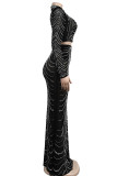 Red Sexy Solid Patchwork Hot Drill O Neck Long Sleeve Two Pieces