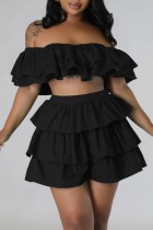 Black Sexy Casual Solid Patchwork Backless Off the Shoulder Short Sleeve Two Pieces