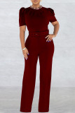 Red Elegant Solid Patchwork O Neck Straight Jumpsuits