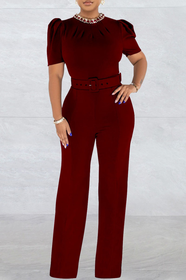 Burgundy Elegant Solid Patchwork O Neck Straight Jumpsuits