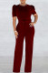 Burgundy Elegant Solid Patchwork O Neck Straight Jumpsuits