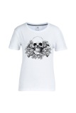 White Casual Print Patchwork Skull O Neck T-Shirts