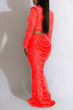 Red Sexy Solid Patchwork Hot Drill O Neck Long Sleeve Two Pieces