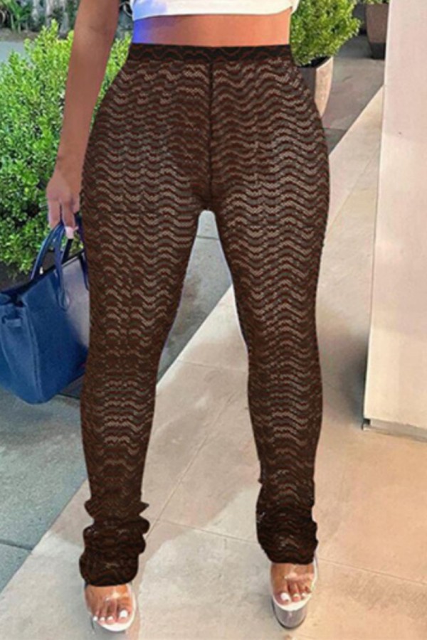Deep Coffee Casual Striped Patchwork Skinny High Waist Conventional Patchwork Trousers