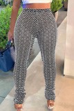 Deep Coffee Casual Striped Patchwork Skinny High Waist Conventional Patchwork Trousers