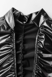 Black Casual Solid Fold Zipper Collar Skinny Romper