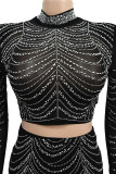 Red Sexy Solid Patchwork Hot Drill O Neck Long Sleeve Two Pieces