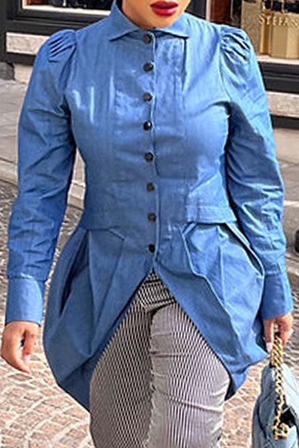Royal Blue Casual Solid Patchwork Asymmetrical Shirt Collar Tops
