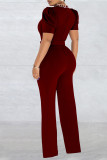 Red Elegant Solid Patchwork O Neck Straight Jumpsuits