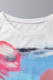 White Casual Street Print Patchwork O Neck T-Shirts