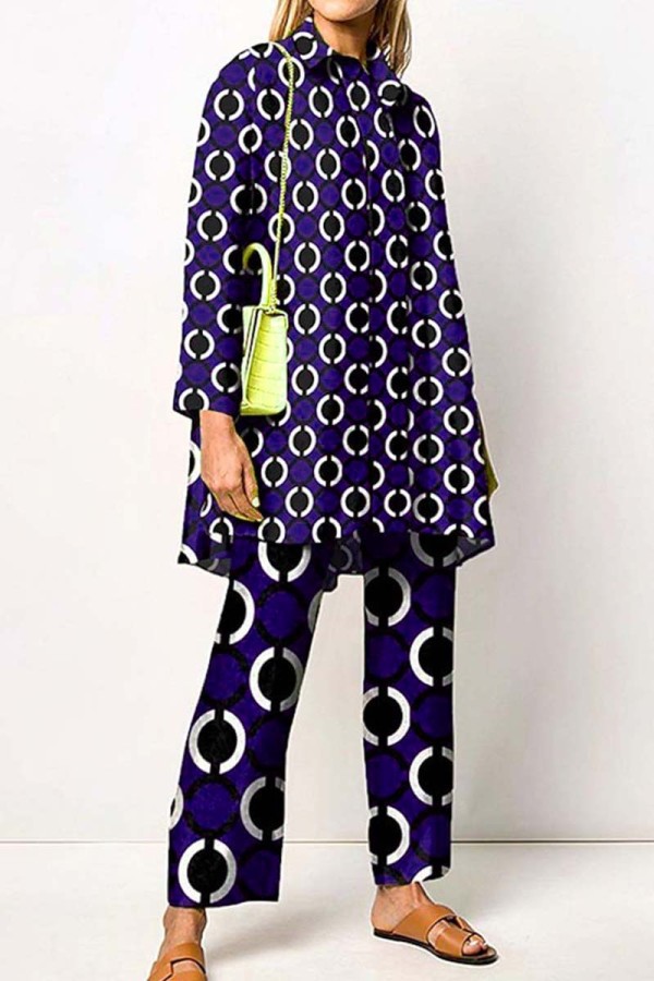 Dark Blue Casual Print Patchwork Shirt Collar Long Sleeve Two Pieces