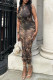 Brown Sexy Print Patchwork Fold O Neck One Step Skirt Dresses