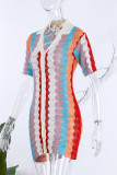 Red Casual Street Print Hollowed Out Patchwork Buckle Turndown Collar Dresses