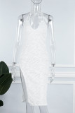 White Sexy Solid Patchwork See-through Slit Halter Dresses
