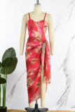Red Sexy Print Patchwork Asymmetrical Spaghetti Strap Sleeveless Two Pieces