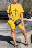Yellow Casual Print Slit V Neck Short Sleeve Two Pieces