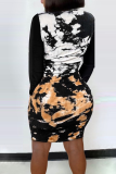 Black White Sexy Patchwork Tie-dye High Opening O Neck Pencil Skirt Dresses