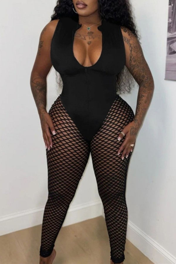Black Sexy Solid Patchwork See-through V Neck Skinny Jumpsuits