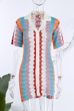 Red Casual Street Print Hollowed Out Patchwork Buckle Turndown Collar Dresses