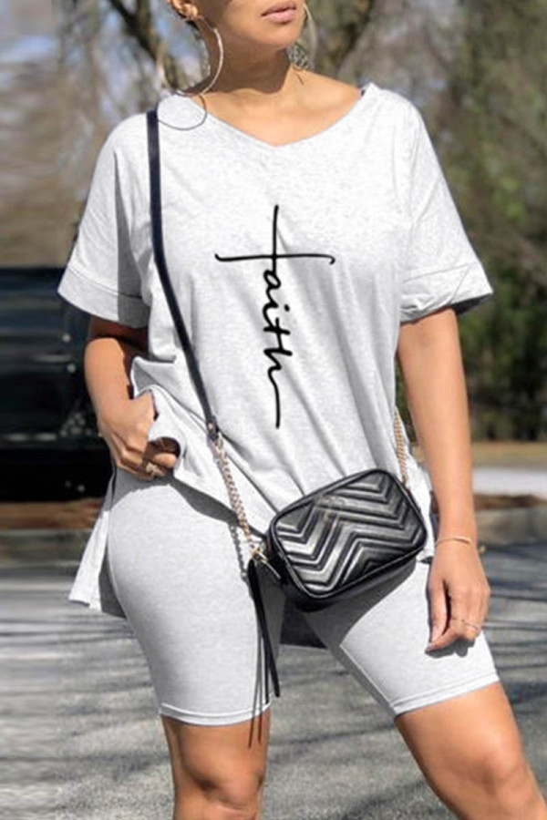 Light Gray Casual Print Slit V Neck Short Sleeve Two Pieces