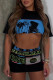 Blue Casual Street Print Patchwork O Neck Half Sleeve Two Pieces